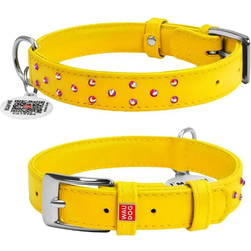 Ошейник для собак Waudog Glamour кожаный с QR паспортом, с клеевыми стразами, S, Ш 20 мм, Дл 30-39 см - фото 1