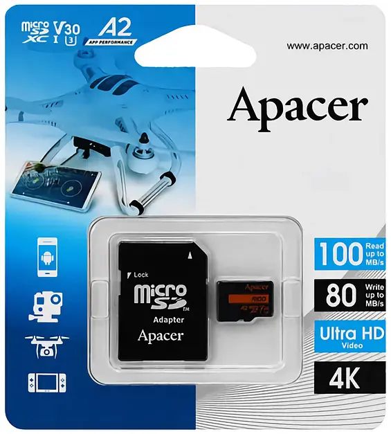 Карта пам'ятi 64GB MicroSDXC UHS-I/U3 Class 10 (AP64GMCSX10U8-R) + SD адаптер Apacer teh0027518 - фото 3