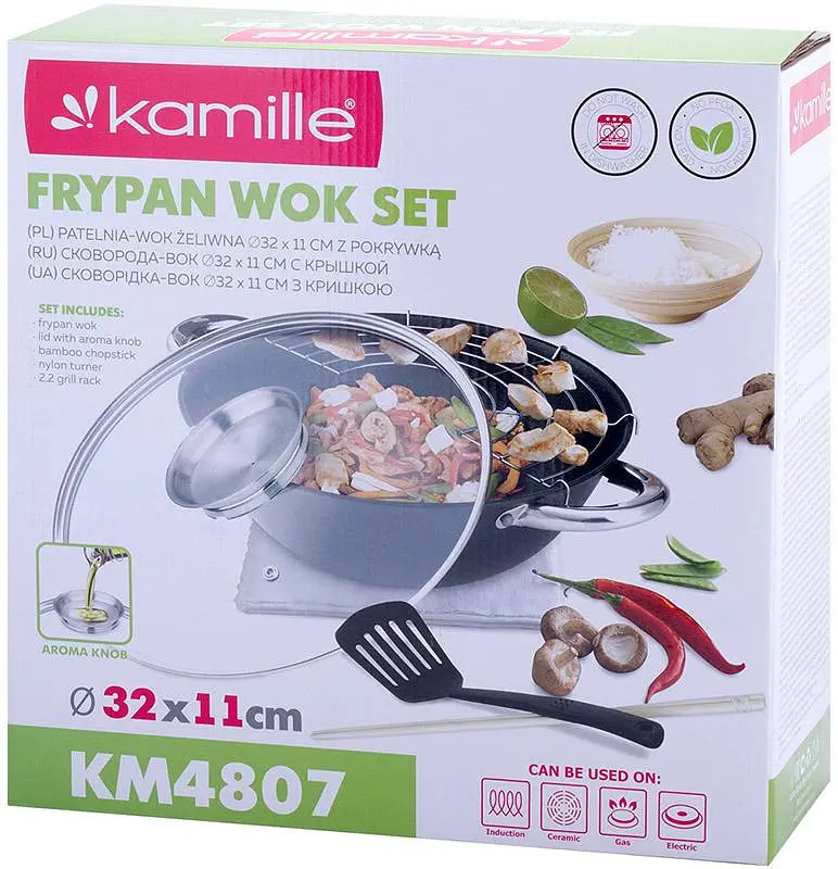 Котел чавунний "Wok", з антипригарним покриттям та аромо-кришкою Kamille Ø14,5Ø32х11см kuh0007267 - фото 8