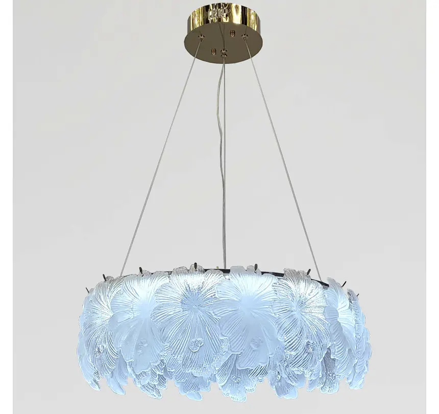 Золота світлодіодна люстра-квітка Artlight 7066-550GD з матовим рельєфним скляним листям 93W. - фото 4
