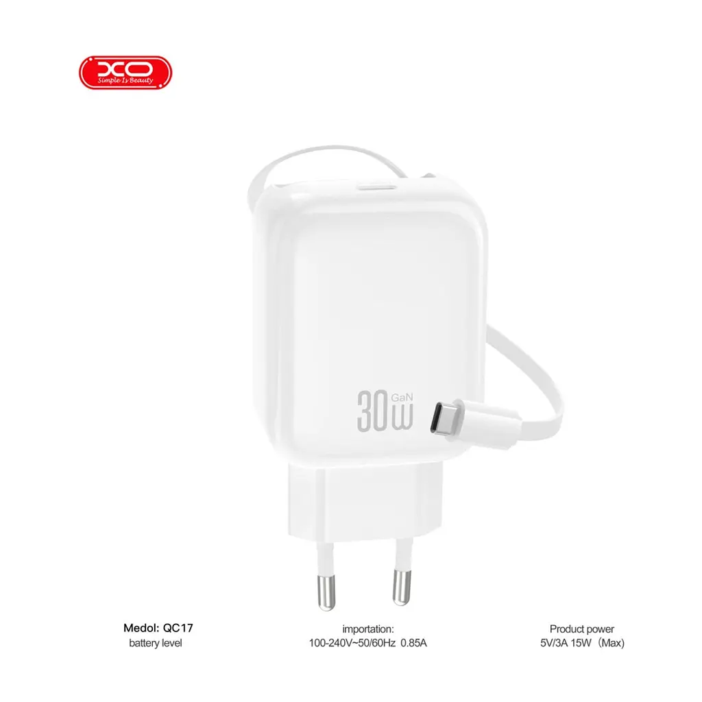 Зарядний пристрій XO 1xUSB-C PD30W GaN + cable USB-C to USB-C (XO-QC17) - фото 4