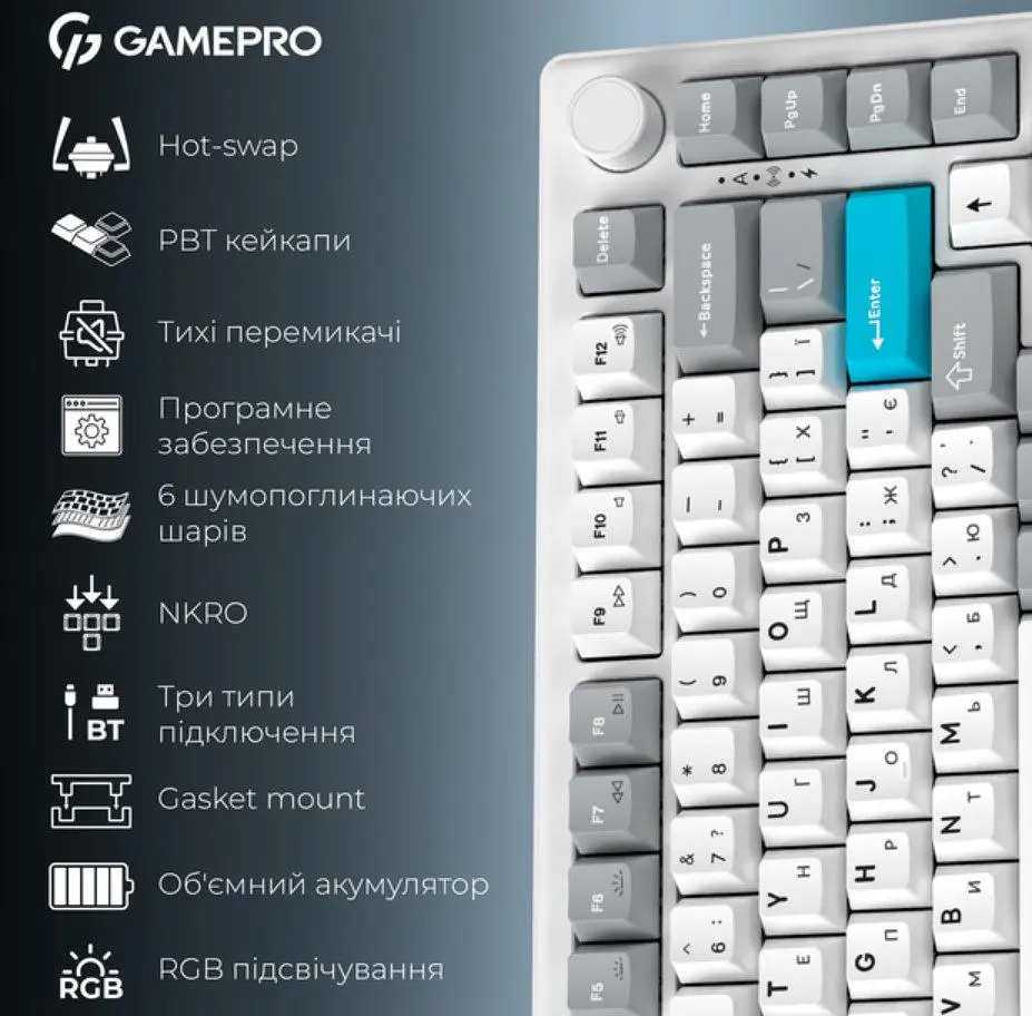 Клавіатура ігрова механічна GamePro MK-266-WH Asgard Yord Keychron Super Red Switch Bluetooth 5.2/2.4 ГГц/USB White - фото 18