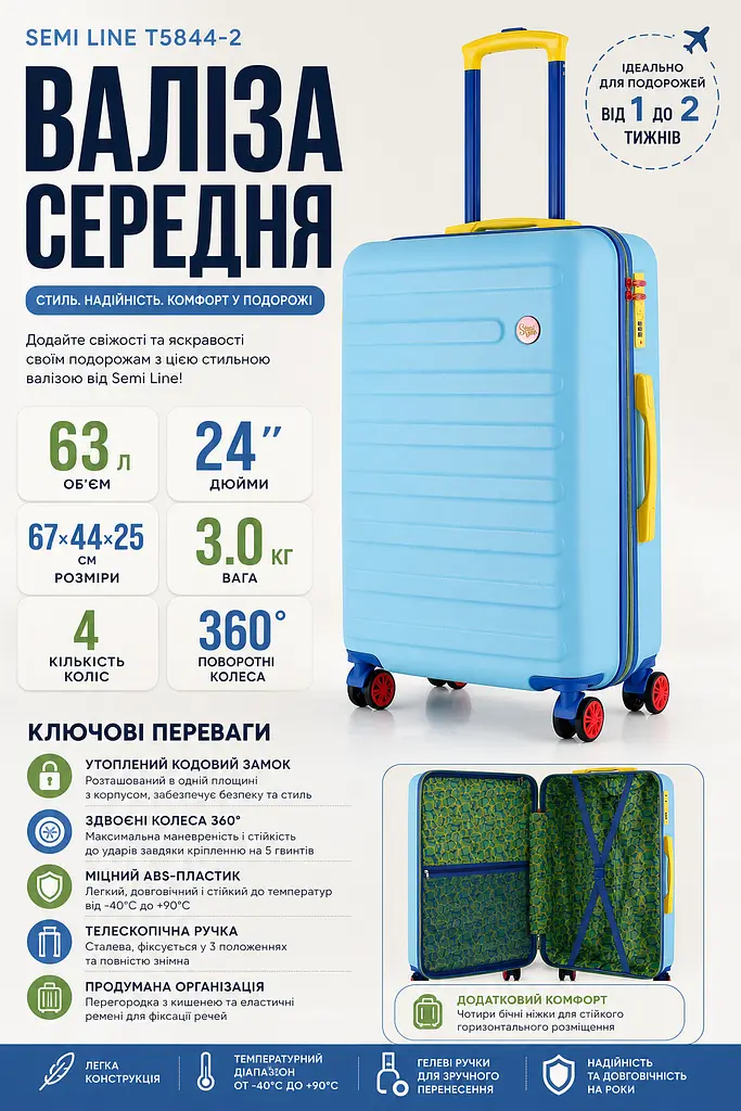 Валіза середня Semi Line T5844-2 ABS-пластик 24 дюйми 63 л Блакитний - фото 3
