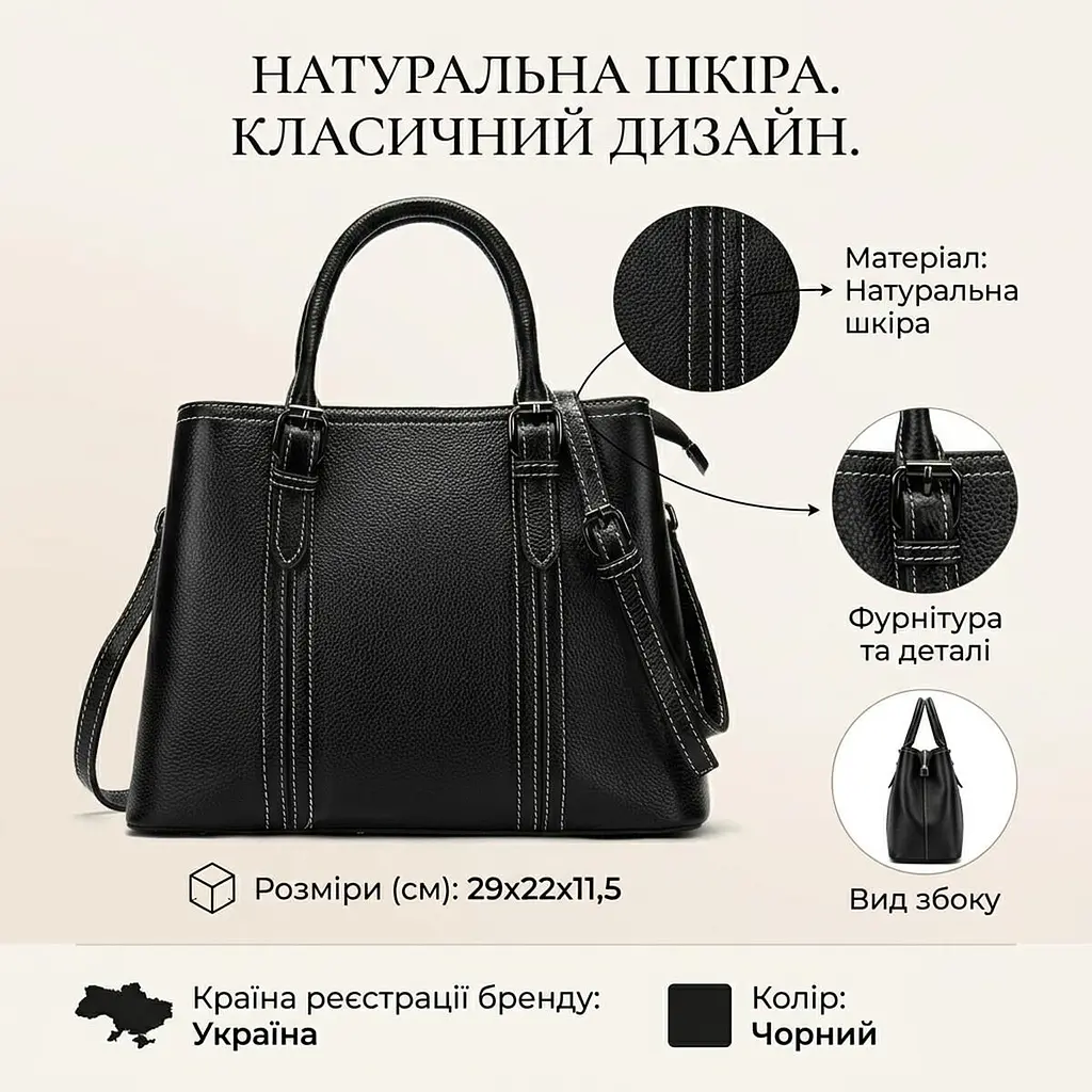 Класична жіноча сумка у шкурі флотар 14861 Vintage чорна - фото 3