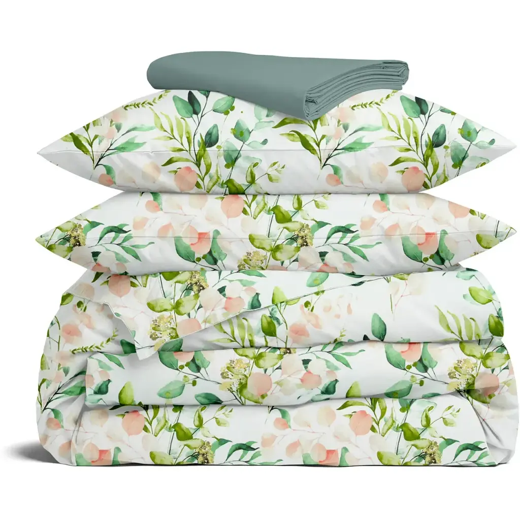 Комплект постільної білизни Cosas євро з простирадлом на резинці FLORAL LEAVES CS1 200 x 220 см (FoliageGreenBudRose_El-104Ashmint_200)