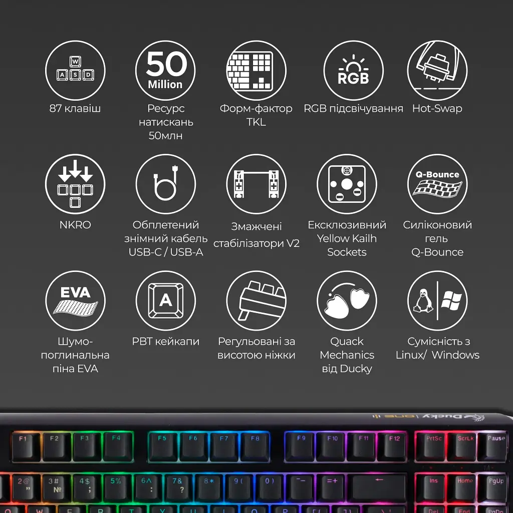 Клавіатура Ducky One 3 TKL Cherry MX Silent Red RGB Black UA [DKON2187ST-SUAPXCLAWSC1] [126061] - фото 11