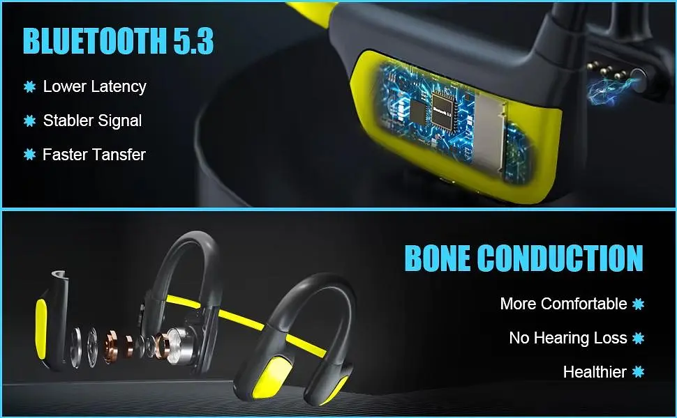 Кісткові навушники для плавання та спорту ESON K12 з 32 ГБ з MP3-плеєром та Bluetooth 5.3 чорно-жовтий - фото 9