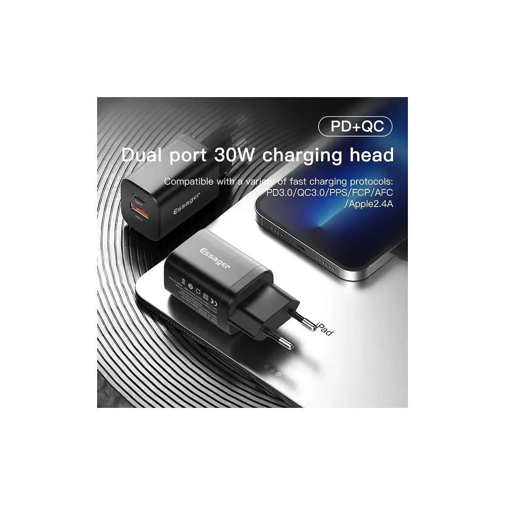 Зарядний пристрій Essager 1xUSB + 1xUSB-C PD 30 Вт чорний (ECTPQS-ZTB01) - фото 4