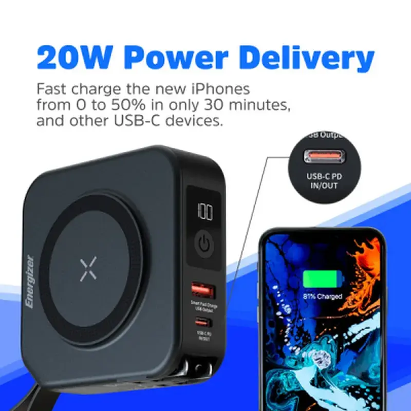 Батарея універсальна Energizer Magnetic Wireless 10000mAh 20W PD, AC зарядка, QI/15W, built-in USB-C (QM10001AC) - фото 11