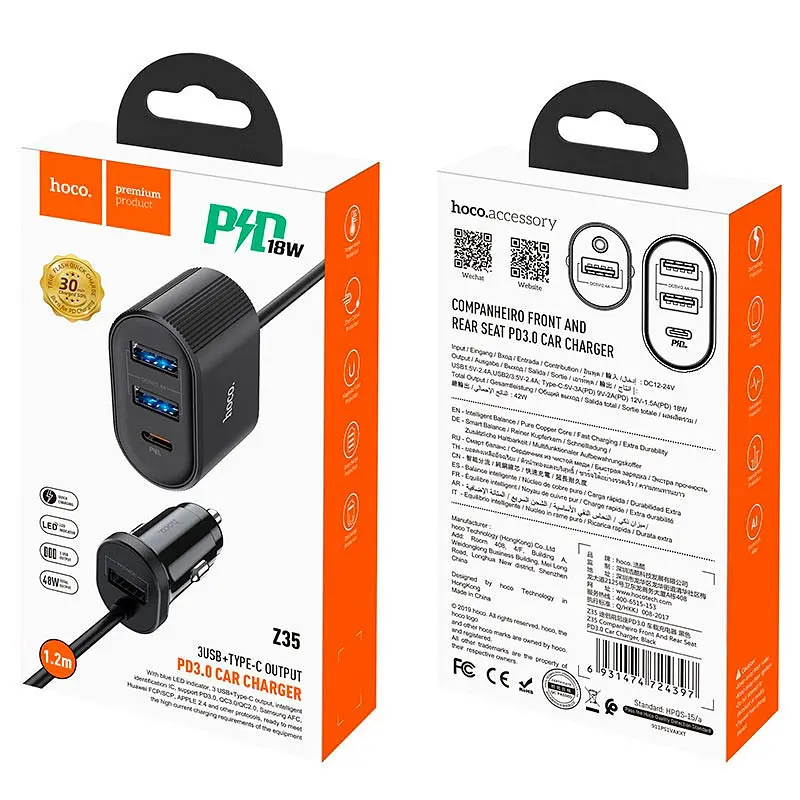 Автомобільний зарядний пристрій Hoco Z35 3USB PD3.0 Black - фото 3