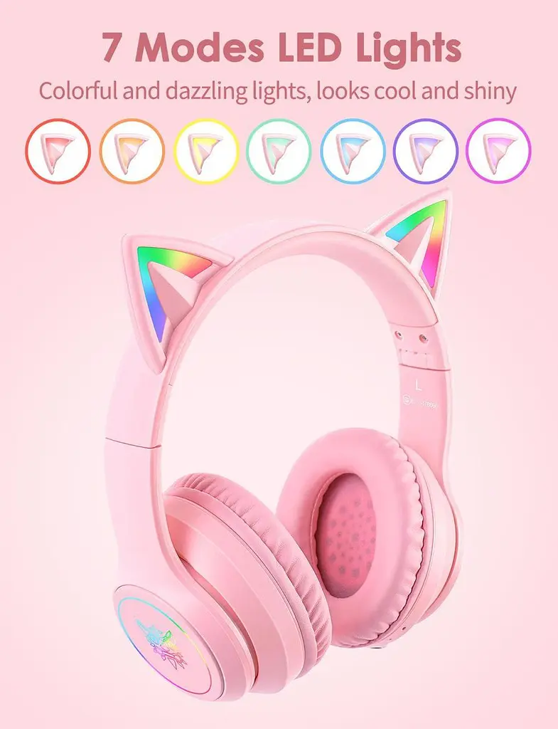 Ігрові Bluetooth навушники Onikuma з котячими вушками, RGB-підсвіткою та мікрофоном рожевий - фото 2