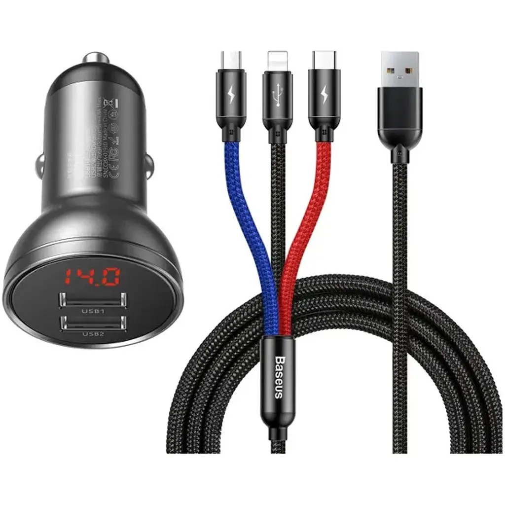 Автомобільний зарядний пристрій Baseus Digital Display Dual USB 24W 3-in-1 Gray (TZCCBX-0G) [169694] - фото 3