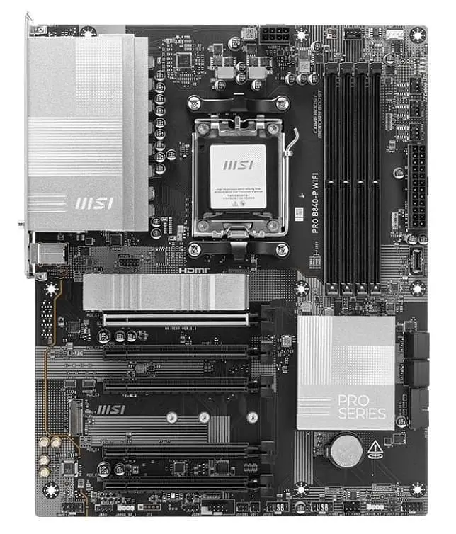 Материнська плата AM5 MSI PRO B840-P WIFI, B840, 4xDDR5, Int.Video (CPU), 4xSATA3, 2xM.2, 1xPCI-E 4.0x16, 4xPCI-E 3.0x16, ALC895, Real 2 5.4, 7xUSB 3.2/8xUSB 2.0, HDMI, ATX - фото 2