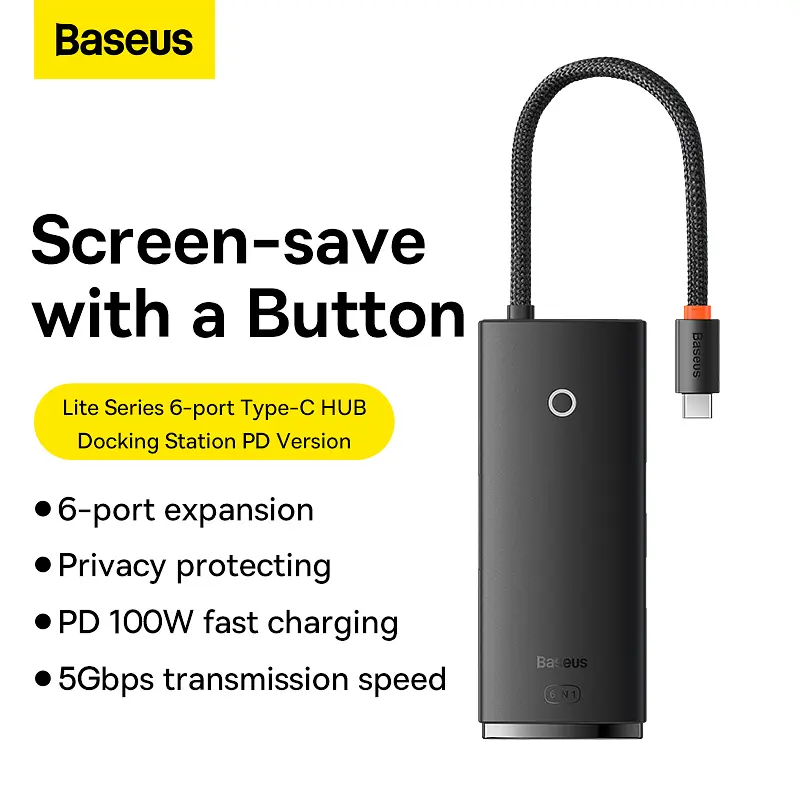 USB-хаб Baseus Lite Series 6-Port Type-C HUB Docking Station (Type-C to HDMI+USB3.0*2+PD+SD/TF) Black (WKQX050101) - фото 10
