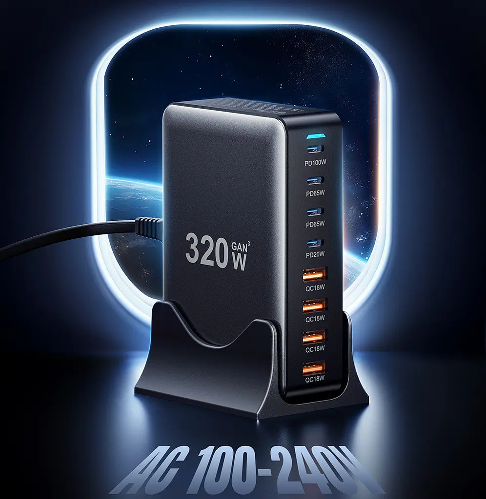 Мережевий зарядний пристрій Essager Engine 320W 4xUSB-C+4xUSB-A Чорний (EZC320W-QJB0G-Z) - фото 7