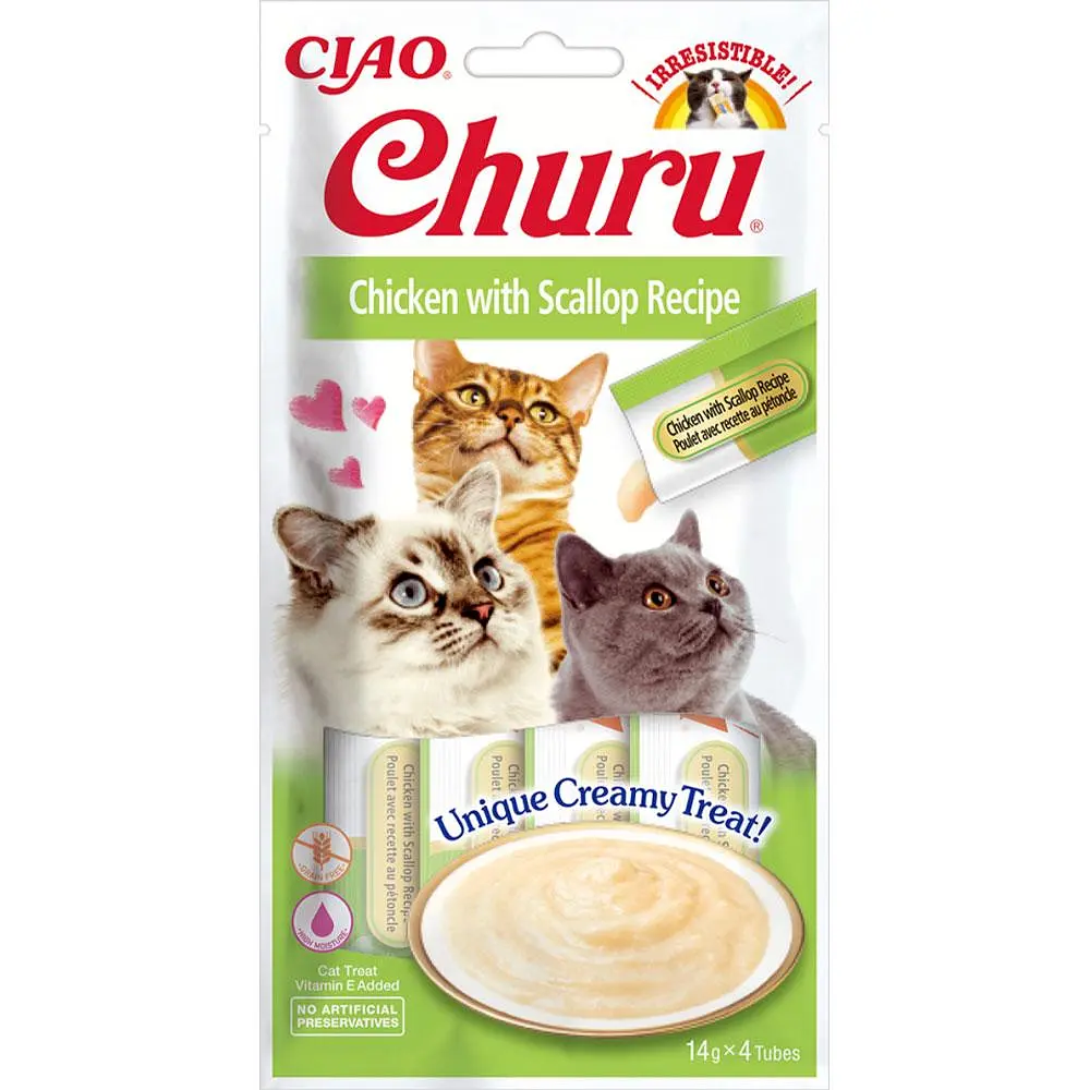 Вологі ласощі для котів INABA Churu вершковий мус в стіках курка та гребінець 4 шт по 14 г