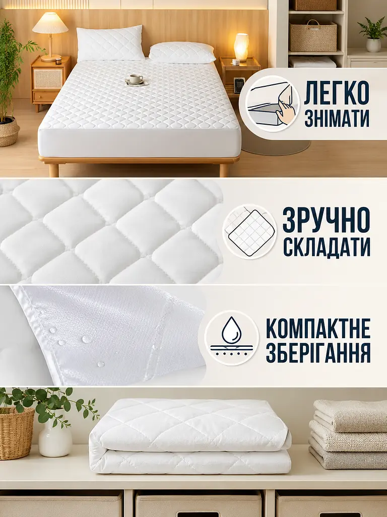 Водонепроникний наматрацник 180×200 см білий на резинці (49676032), Білий - фото 5