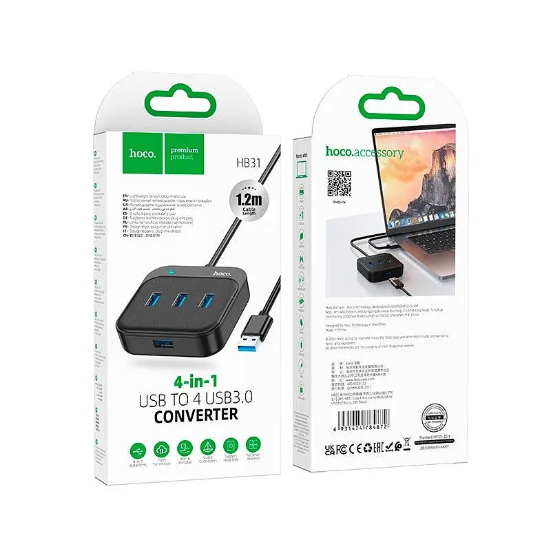 Розгалужувач адаптер хаб Hoco HB31 Easy 4-in-1 converter (Usb to Usb3.0x4) кабель 120 см - фото 4