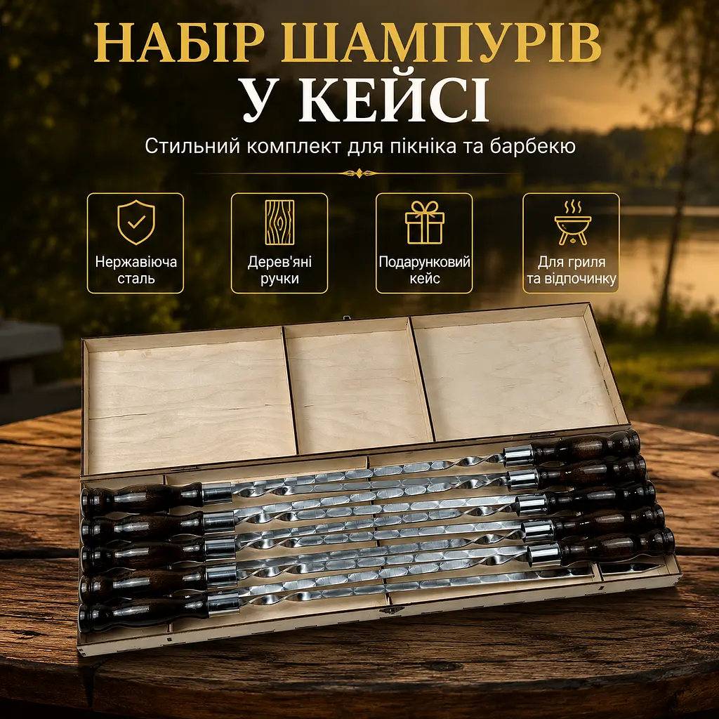 Набір шампурів у кейсі на 10 шт з нержавіючої сталі, товщина 3 мм, дерев’яні ручки - фото 2