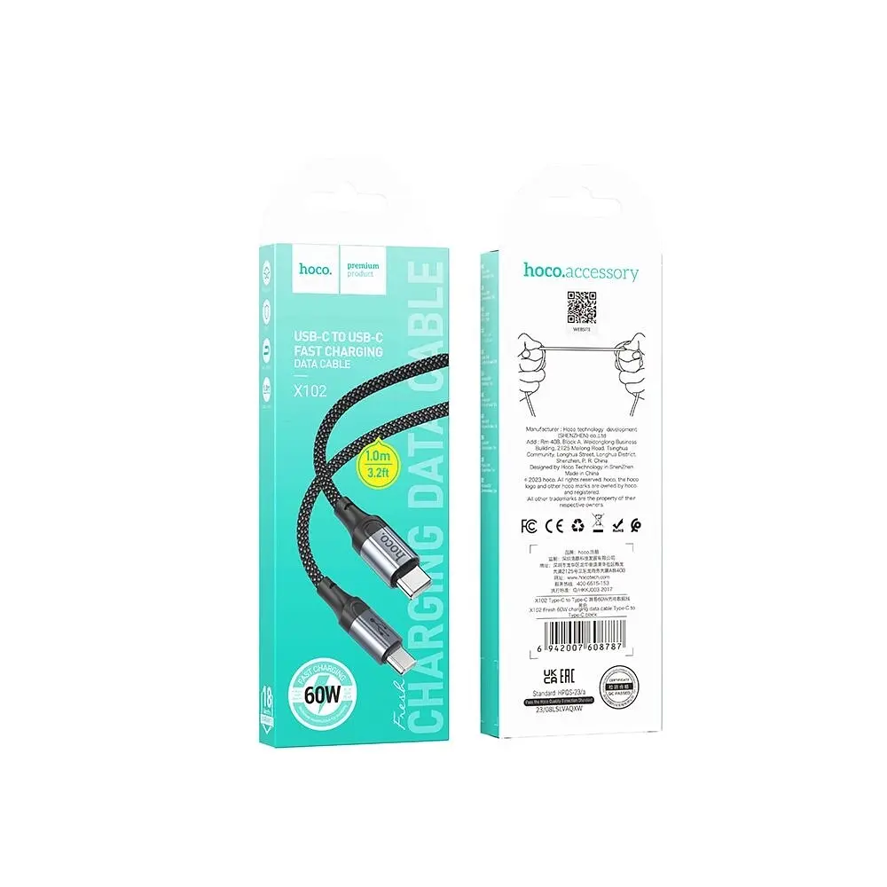 Кабель Hoco X102 Type-C to Type-C 3A 1 м nylon aluminum connectors чорний - фото 2