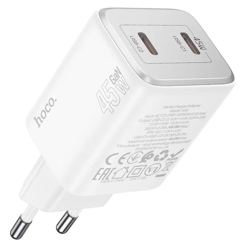 Набір СЗУ HOCO N42 + кабель Lighting, 2xUSB-C, PD45W, кабель 1м, White, Box - фото 2