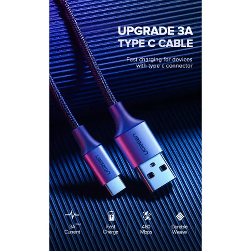 Кабель для передавання даних Ugreen USB 2.0 AM to USB-C 3A aluminum braid nickel plating 0.25 m black (60124) - фото 3