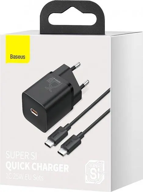 Сетевое зарядное устройство Baseus Super Si Quick Charger with Mini Cable Type-C to Type-C 3A 25W EU Sets Черный - фото 3