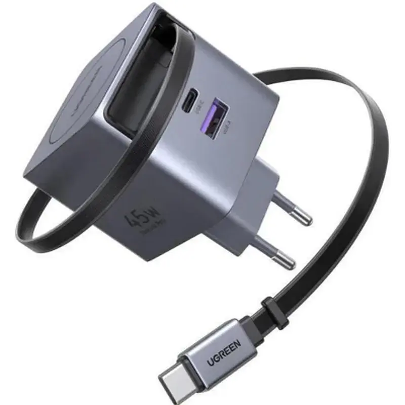 Зарядний пристрій Ugreen USB-C PD45W GaN + cable USB-C to USB-C retractable (65822)