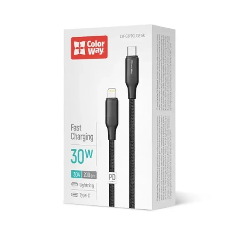 Дата кабель USB-C to Lightning 2.0m PD30W TPE embossed black ColorWay (CW-CBPDCL102-BK) - фото 5