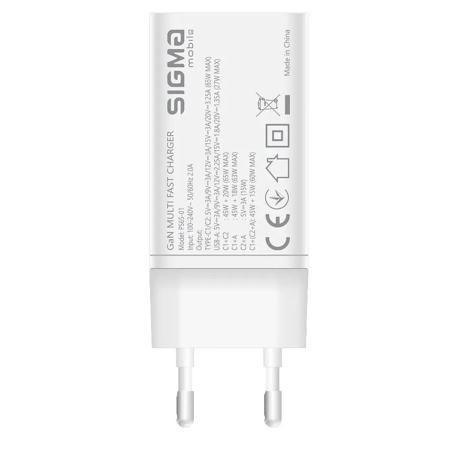 Зарядний пристрій Sigma Mobile PS6501 X-power 65 W GaN, PD, QC, 2xUSB-C, 1xUSB-A, White - фото 5