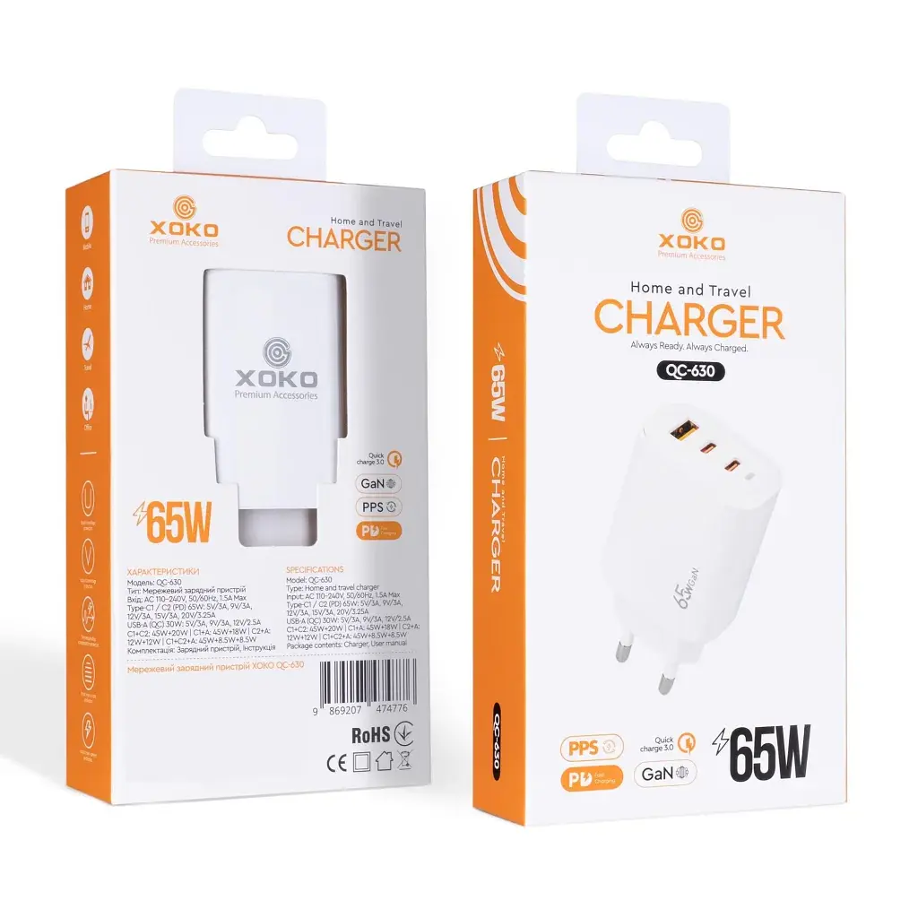 Зарядное устройство для XoKo 2xUSB-C PD65W + 1xUSB QC3.0 GaN white (XK-QC-630) - фото 9