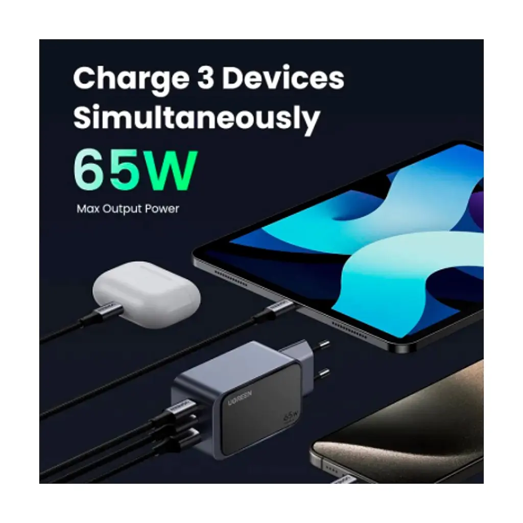Зарядний пристрій Ugreen 3xUSB 65W (2xUSB-C+USB-A) Gan Nexode Fast Charger Grey X553 (35042) - фото 10