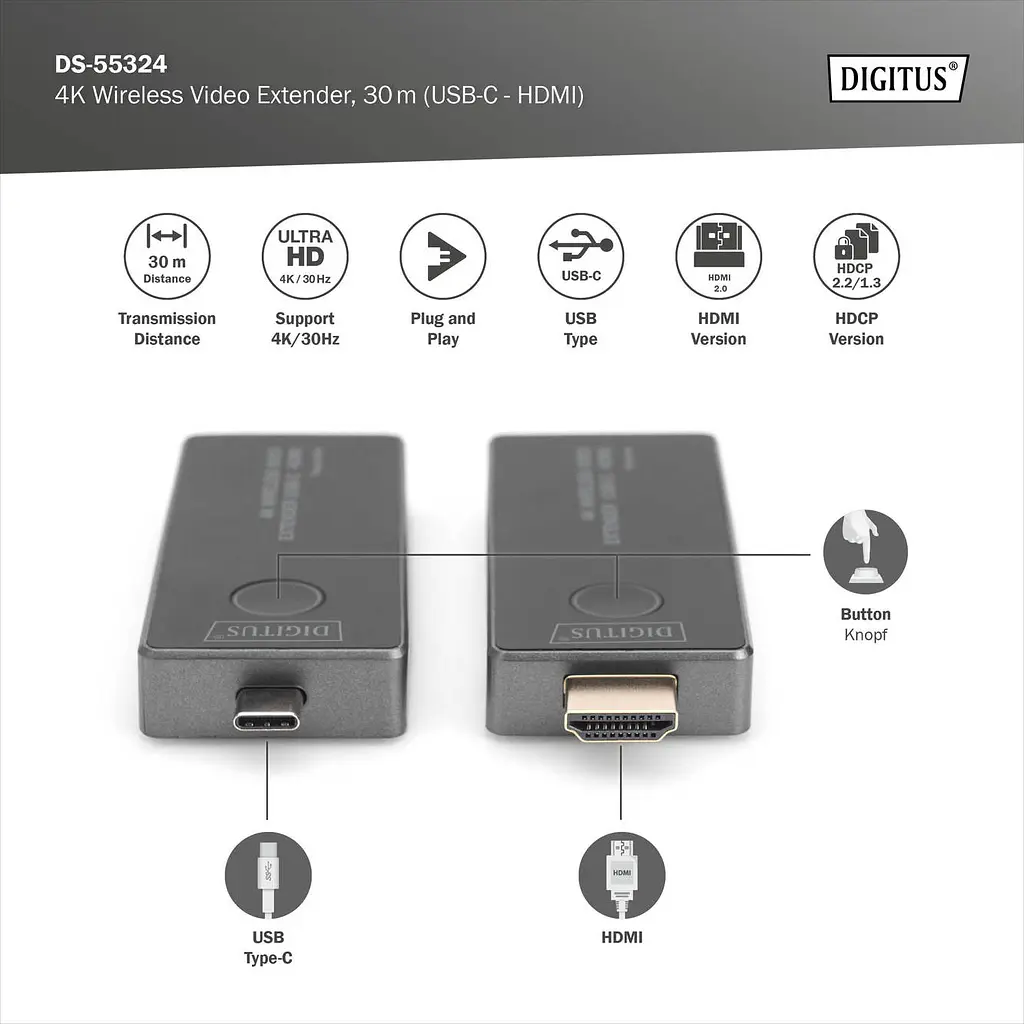 Digitus Бездротовий USB-C > HDMI, 4K UHD, 30 м - фото 2
