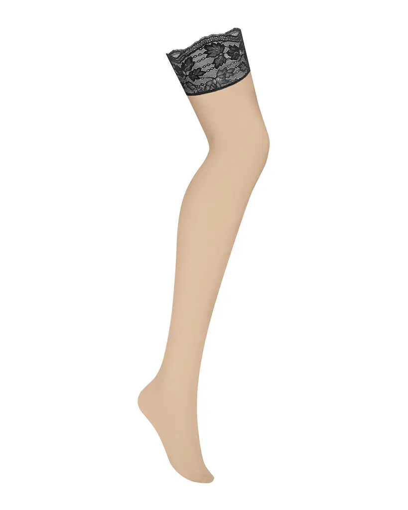 Панчохи Obsessive Nutris stockings, XS/S, тілесні, з чорним мереживом, під пояс - фото 2