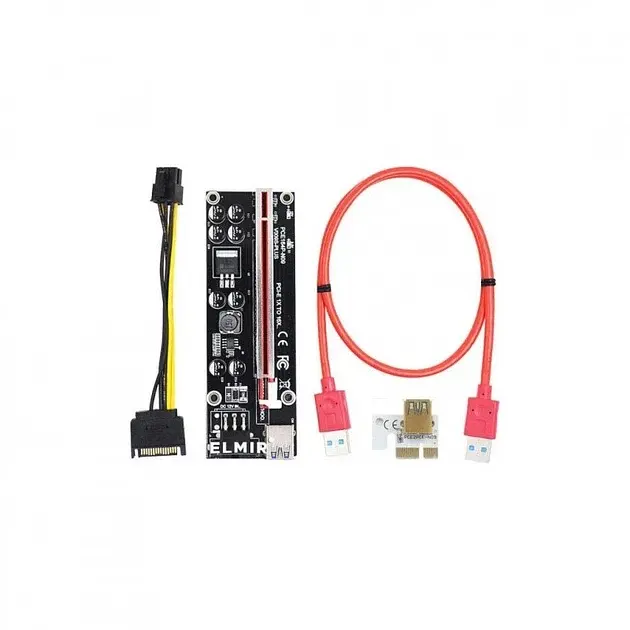 Райзер Dynamode PCI-E x1 to 16x 60cm USB 3.0 Красный Cable SATA to 6Pin Power v.009S Plus Черный (RX-riser 009S Plus)