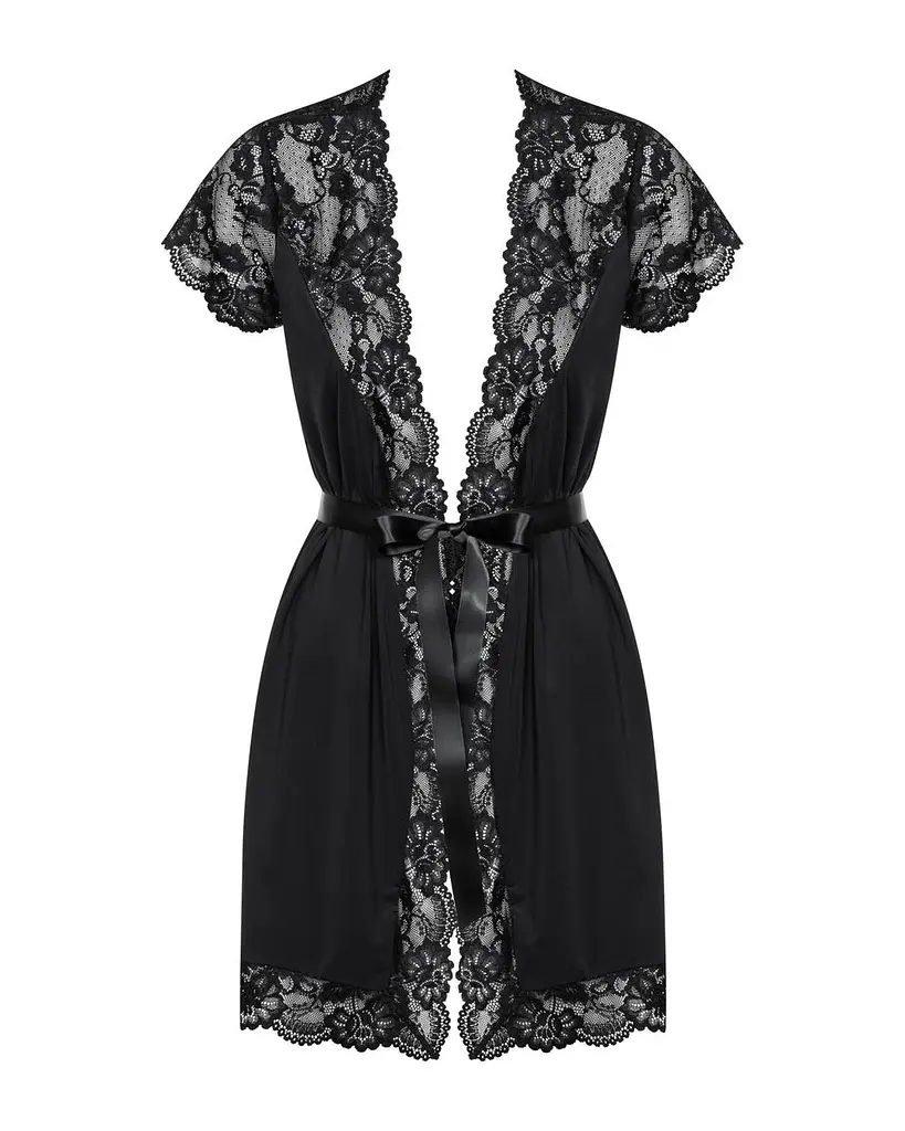 Сатиновый открытый пеньюар на поясе Obsessive 810-PEI-1 peignoir black черный S/M - фото 5