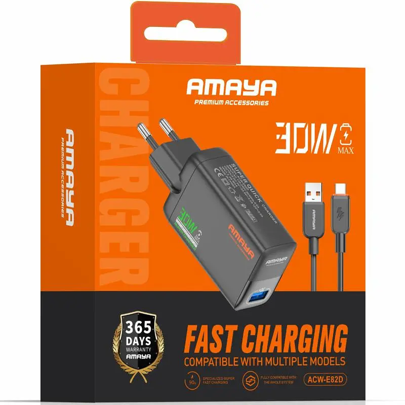 СЗУ Amaya E82D QC3.0 30W (1USB-A) + кабель USB to Type-C Black - фото 2