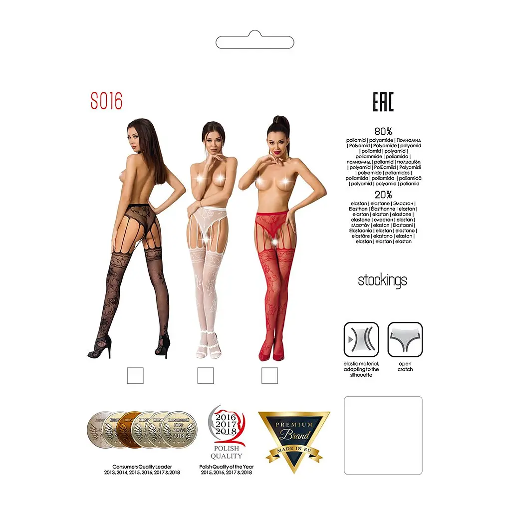 Сітчасті панчохи-стокінги Passion S016 One Size, Red, імітація ажурного пояса з гартерами - фото 5