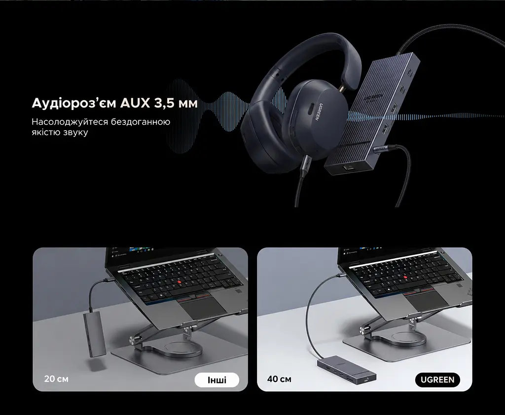 Док-станція USB-C UGREEN Revodok Pro CM886 12-в-1 2 HDMI 2.0 та DisplayPort 1.4 для одного дисплея DP до 4K 120 Гц або HDMI до 4K 60 Гц до трьох дисплеїв macOS однакове зображення на зовнішніх екранах потрібен USB-C з DP Alt Mode 2 USB-C 3.2 Gen2 до 10 Гбіт/с лише дані та 2 USB-A 2.0 вхід USB-C PD 100 Вт ноутбук до 85 Вт із зарядним пристроєм PD 100 Вт і кабелем 100 Вт RJ45 до 1000 Мбіт/с SD/microSD до 170 МБ/с аудіовихід 3,5 мм кабель 40 см космічний сірий (55767) - фото 7