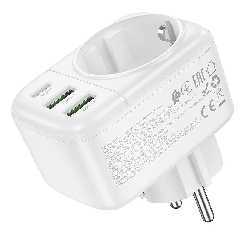 МЗП Hoco AC26 Changer Outlet Extender 20W (2USB-A/1USB-C/1Socket) White - фото 3