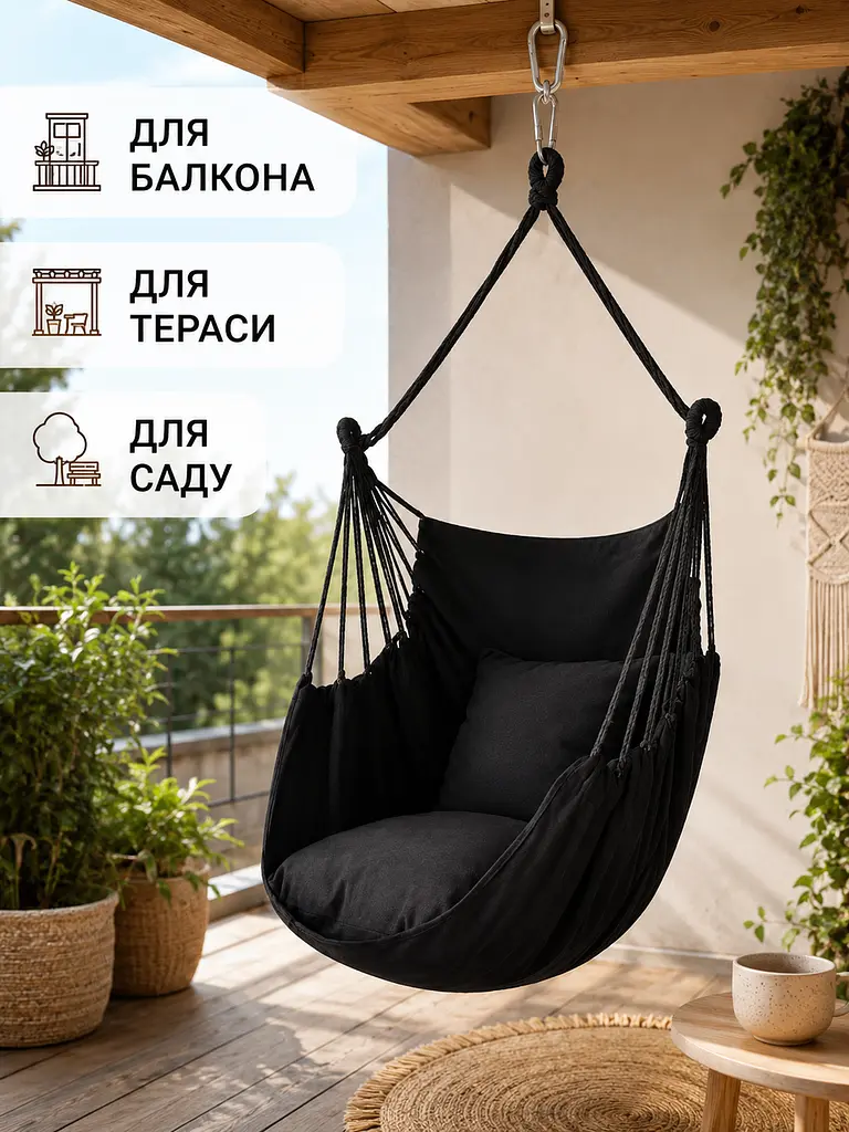 Підвісне крісло-гамак чорне 100×130 см до 150 кг з 2 подушками та чохлом (49676093) - фото 4