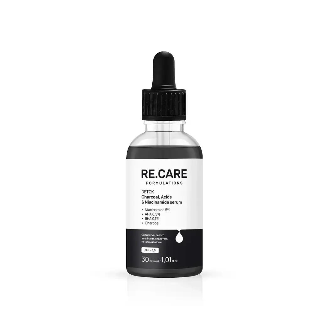 Сироватка-детокс з вугіллям, кислотами та ніацинамідом Detox Charcoal, Acids & Niacinamide Serum RE.CARE 30 мл - фото 2