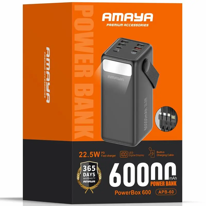 Портативний ЗП Power Bank Amaya APB-60 22.5W flashlight with cable 60000 mAh Black - фото 2