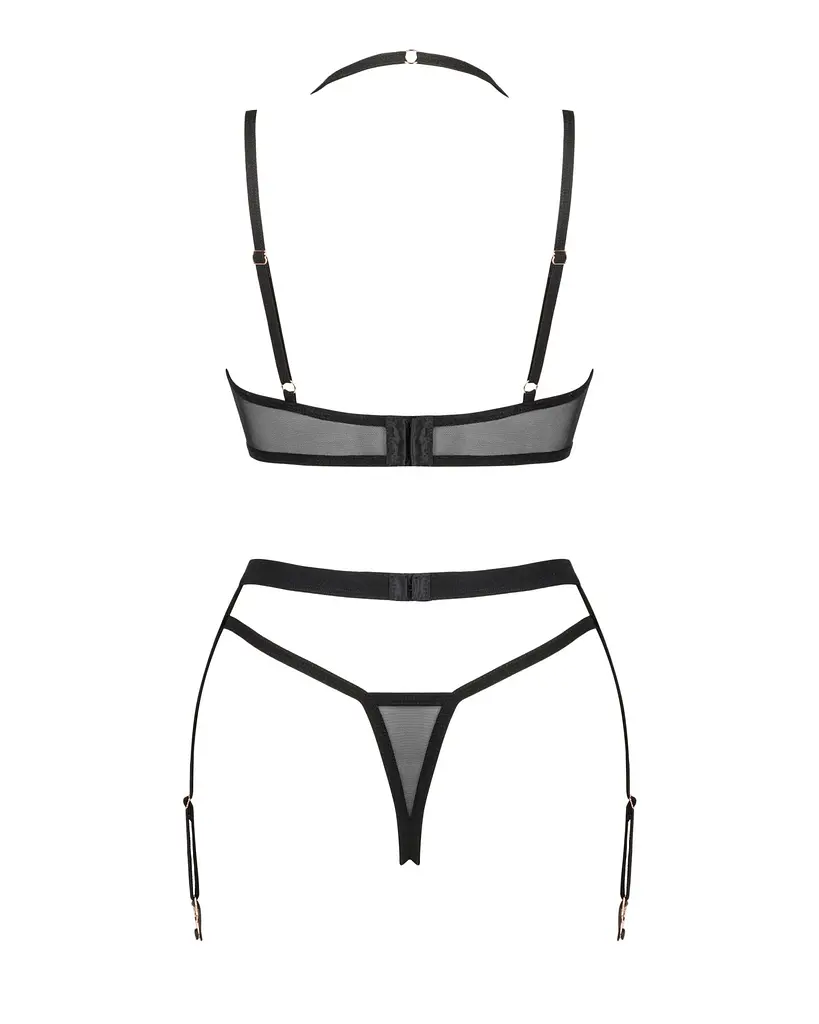 Комплект білизни Obsessive Selinne 3-pcs set M/L Black, бюстгальтер, стрінги пояс для панчіх - фото 4