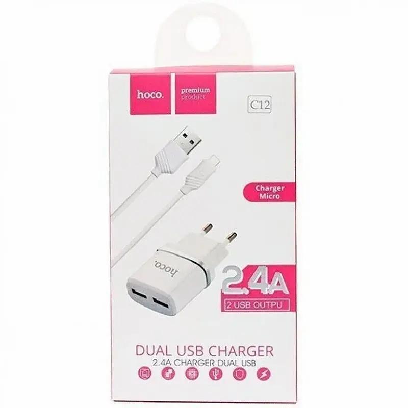 МЗП Hoco C12 Charger + Cable (Micro) 2.4A 2USB Білий - фото 3