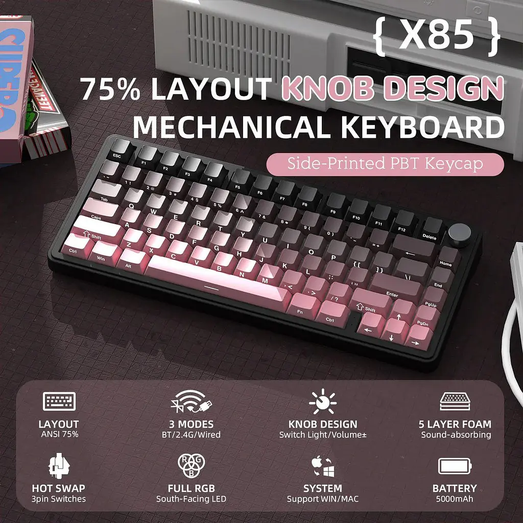 Бездротова клавіатура ATTACK Shark X85 Pink 75% | RGB підсвітка | бокове гравіювання - фото 7