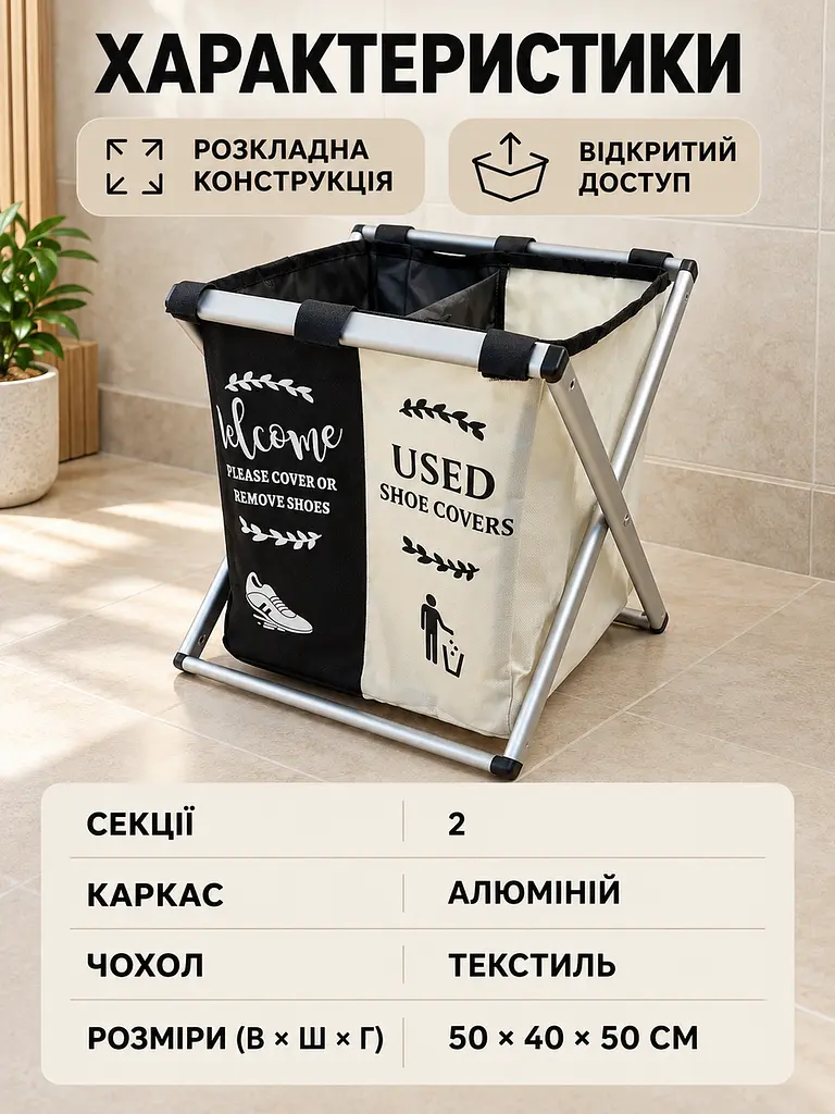 Кошик для білизни розкладний на 2 секції 50х40х50 см чорно-бежевий (32138211) - фото 6