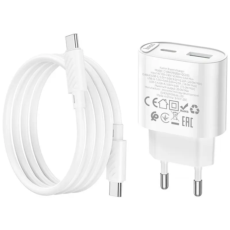 МЗП Hoco C109A Fighter PD20W+QC3.0 (1USB-A/1C) + кабель Type-C to Type-C White - фото 5