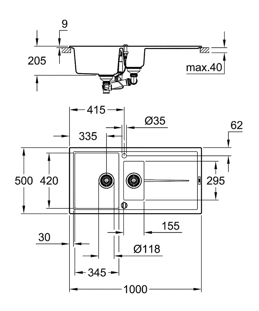 Кухонна мийка Grohe K400 из композита 31642AP0, Чорний матовий - фото 3
