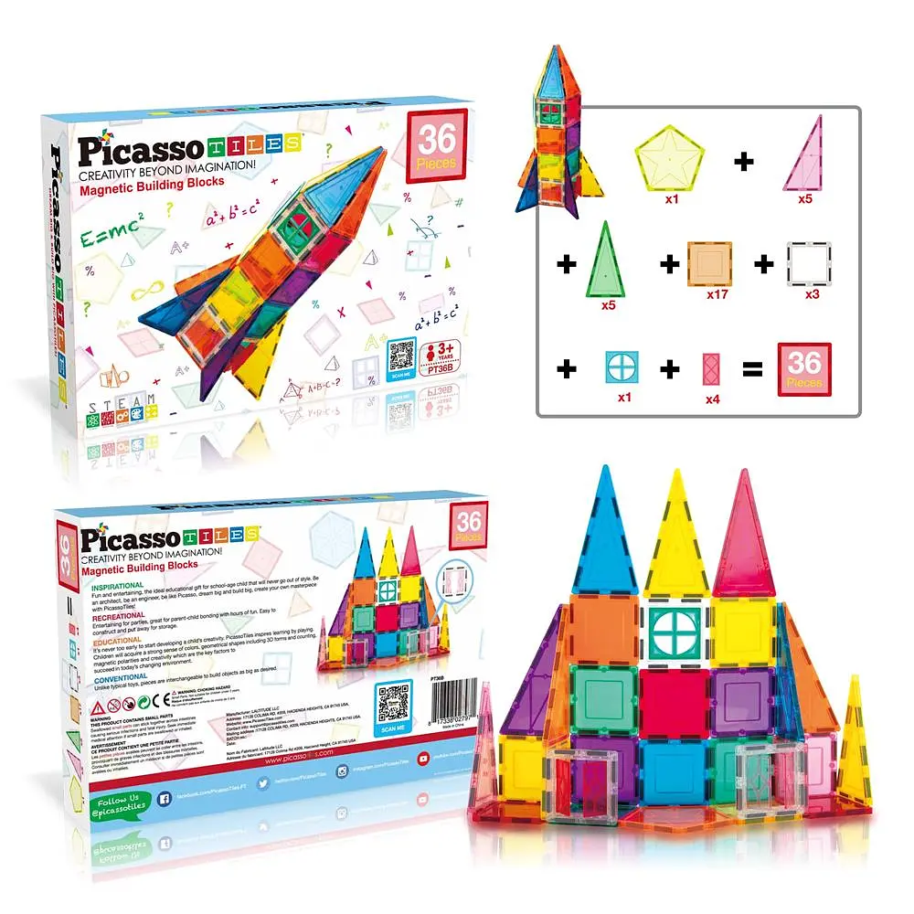 Конструктор магнітний MAGNETIC BUILDING BLOCKS PT36B/27971 PICASSO TILES 36 деталей у коробці - фото 2